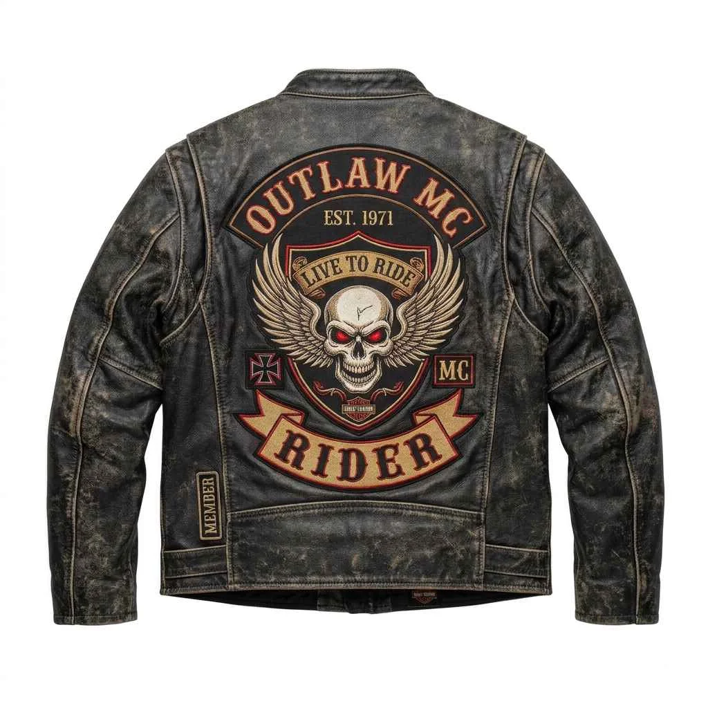 Custom biker jacket embroidered patches